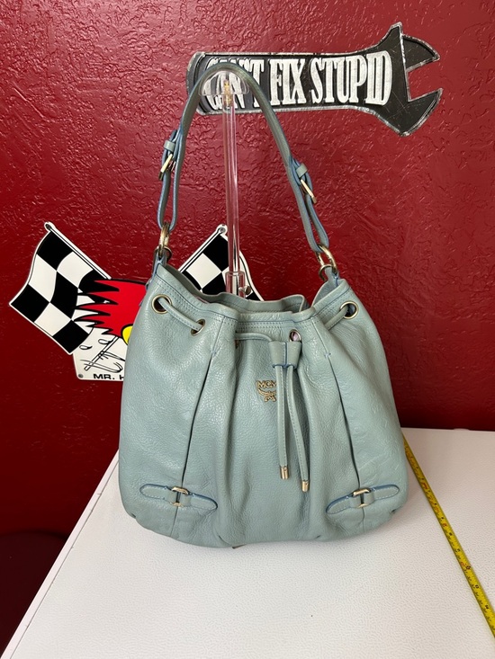 MCM Handbags - MCM Pale Blue Pebbled Leather Drawstring Hobo Bag